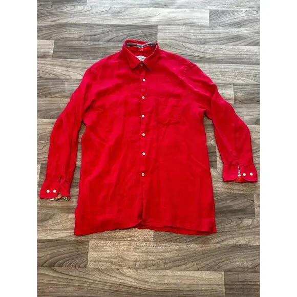 Archipelago Size L Red Linen Button Up Casual Summer Beach Shirt Plaid Collar - Picture 12 of 12